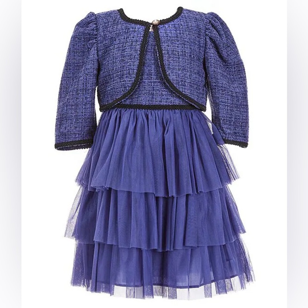 Bonnie Jean Girls Cardigan & Sleeveless Boucle/Mesh Fit & Flare Dress Set